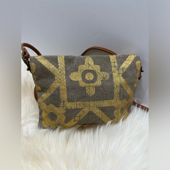 Mona B. Up cycled Coated Canvas Crossbody w Vegan Leather Metallic Gold Design - Picture 5 of 17